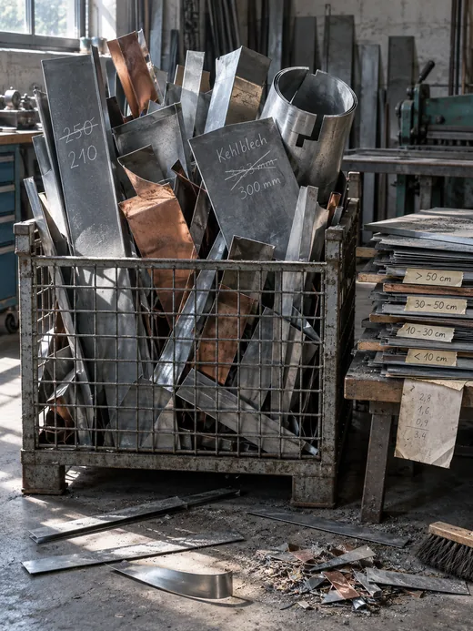 Verschnittecke einer Blechwerkstatt: randvolle Gitterbox mit Reststücken aus Titanzink und Kupfer, auf einem Kehlblech ein durchgestrichenes Kreidemaß, daneben nach Größe gestapelte Reste mit Etiketten und ein vergilbter Materialschein