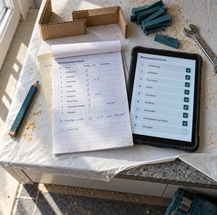 Mit Schutzfolie abgedeckte Arbeitsplatte, darauf der betriebseigene Durchschreibesatz Montageablauf Küche und daneben ein Tablet mit derselben Schrittfolge von der Anlieferung bis zur Übergabe, ringsum Ausrichtkeile, Kantenschutz und Maulschlüssel