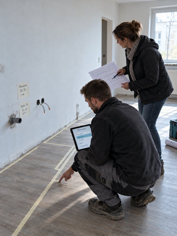 Leerer Küchenraum mit dem Kreppbandumriss der künftigen Küchenzeile: Ein Monteur hockt mit dem Tablet in der Armbeuge am Band, hinter ihm eine Studiomitarbeiterin mit dem Planungsbogen, an der Wand Zettel zu Abwasser und Anschlusshöhe