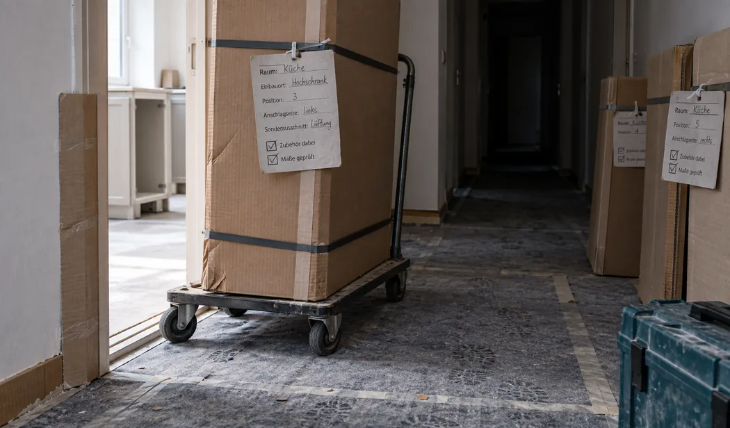 Flur einer leeren Wohnung am Liefertag: Auf einem Möbelroller steht ein verpackter Hochschrank mit Begleitkarte für Raum, Einbauort, Position, Anschlagseite und Sonderausschnitt, dahinter zwei weitere Kartons mit eigener Karte