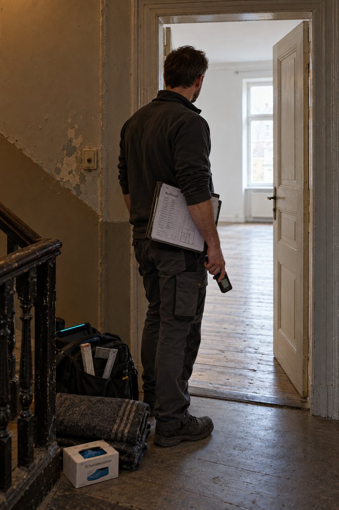 Treppenhaus eines Altbaus: Ein Aufmaßtechniker steht auf der Schwelle zu einem leeren Zimmer, den Aufmaßbogen in der Klemmmappe unter dem Arm und den Laser-Entfernungsmesser in der Hand, neben ihm Werkzeugtasche und Filzdecke