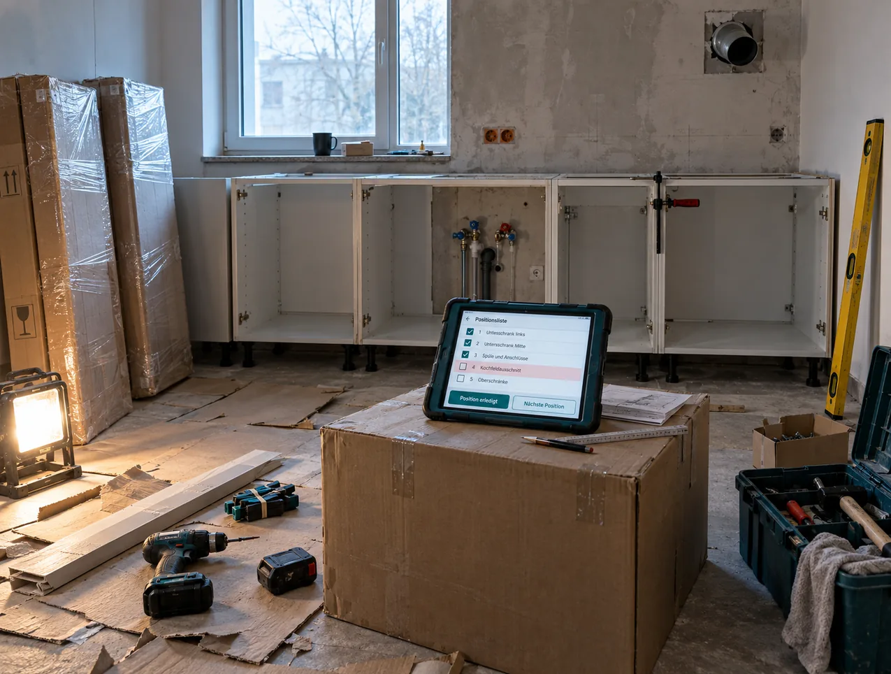 Halb montierte Küche mit offenen Unterschränken und verpackten Oberschränken, mittig auf einem Transportkarton ein Tablet mit der Positionsliste und rot markiertem Kochfeldausschnitt, am Boden Akkuschrauber, Ausrichtkeile und Bauleuchte