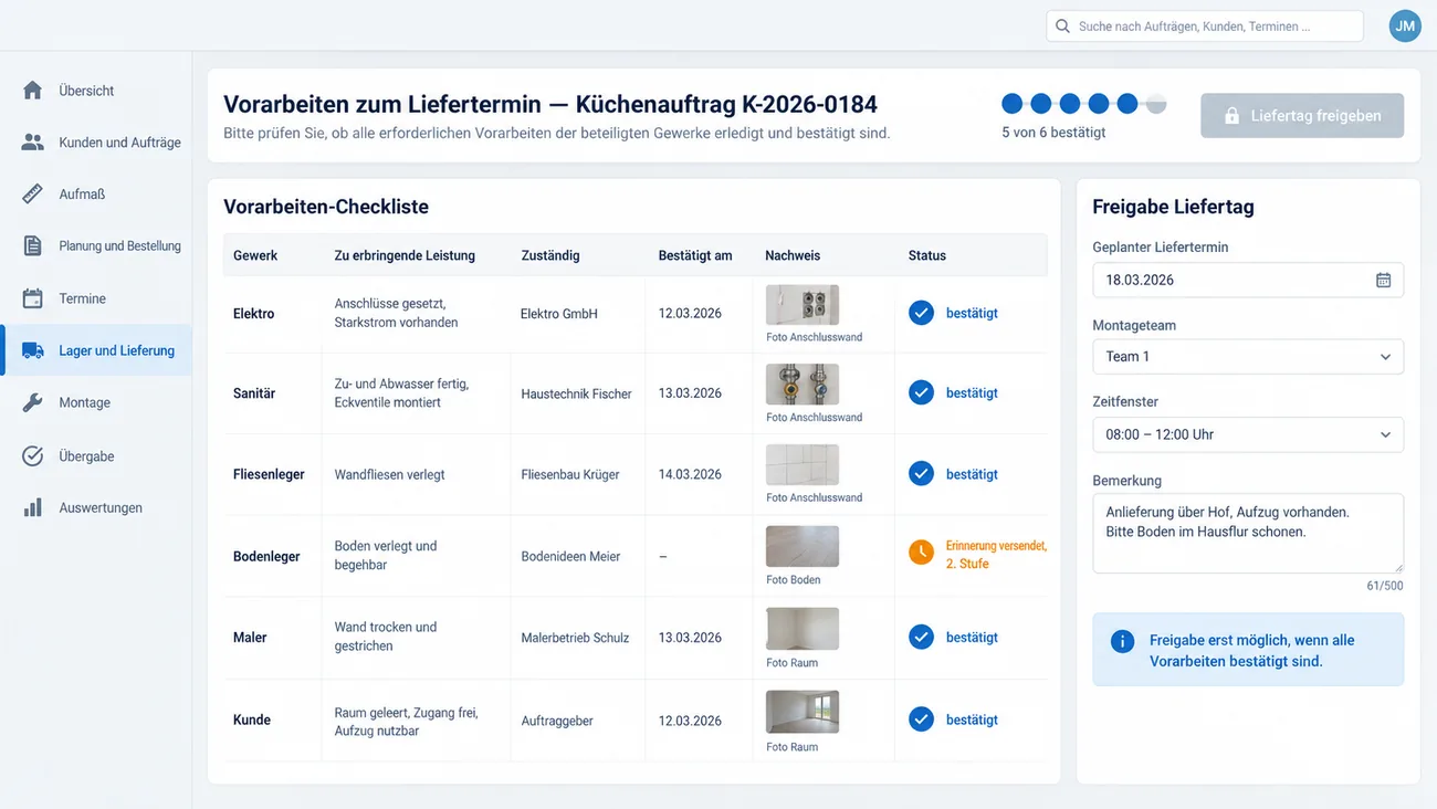 Maske: Vorarbeiten-Checkliste zum Liefertermin mit Elektro, Sanitär, Fliesen, Boden, Maler und Kunde, je mit Bestätigung und Fotonachweis, der offenen Erinnerung an den Bodenleger und dem noch gesperrten Liefertag
