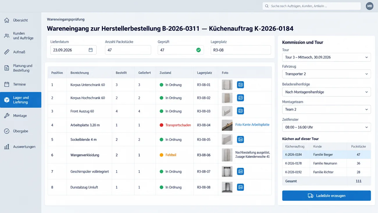 Maske: Wareneingang zur Herstellerbestellung mit bestellter und gelieferter Menge, Zustand und Lagerplatz je Position, einem Transportschaden an der Arbeitsplatte mit Foto, einem Fehlteil mit Nachbestellung und der Tour samt Ladeliste