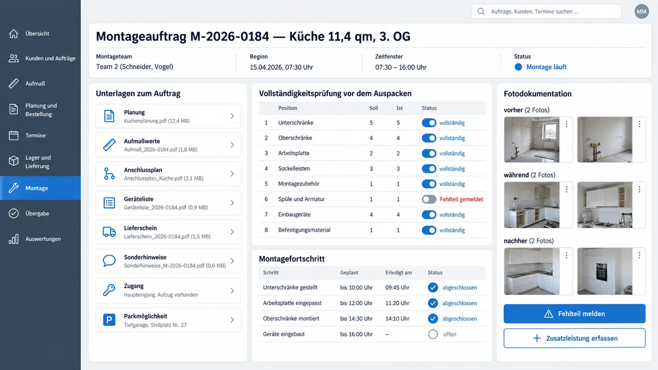 Maske: Montageauftrag auf dem Tablet mit den Unterlagen zum Auftrag, der Vollständigkeitsprüfung vor dem Auspacken mit einem gemeldeten Fehlteil, dem Montagefortschritt mit Uhrzeiten und Fotos vorher, während und nachher