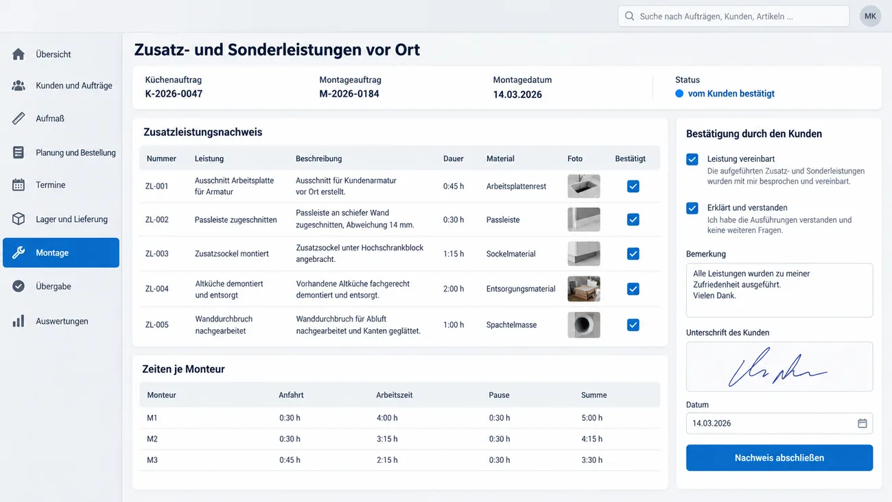 Maske: Zusatzleistungsnachweis vor Ort mit Ausschnitt, Passleiste, Zusatzsockel, Entsorgung der Altküche und Wanddurchbruch, je mit Dauer, Material und Foto, den Zeiten je Monteur und der Bestätigung mit Unterschrift des Kunden