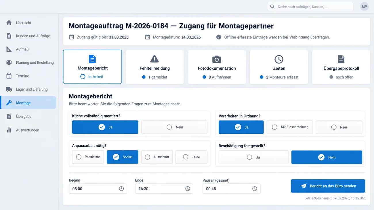 Maske: Zugang für ein fremdes Montageteam zu genau einem Auftrag mit Kacheln für Montagebericht, Fehlteilmeldung, Fotos, Zeiten und Übergabeprotokoll, darunter der Montagebericht mit großen Antwortflächen statt Eingabefeldern