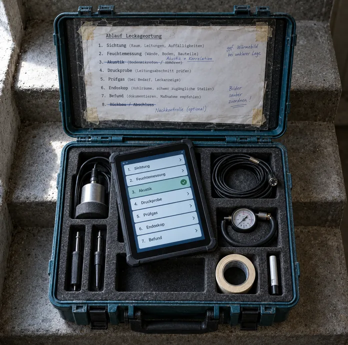 Geöffneter Ortungskoffer auf einer Kellertreppe, im Deckel die handkorrigierte Schrittfolge des Betriebs von Sichtung bis Befund, darunter ein Tablet mit denselben Schritten als Kacheln, die Akustik abgehakt
