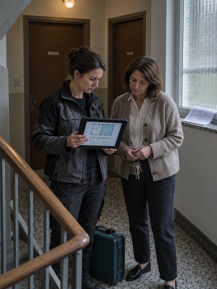 Ortungstechnikerin und Hausverwalterin mit Schlüsselbund stehen auf dem Treppenabsatz eines Mehrfamilienhauses und sehen auf dem Tablet den Grundriss und die Frage nach dem Zutritt zur Nachbarwohnung