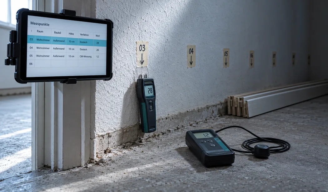 Wandfuß eines leergeräumten Raums mit nummerierten Kreppbandstreifen: Das Feuchtemessgerät am Messpunkt 03 zeigt denselben Wert wie die markierte Zeile der Messpunkttabelle auf dem Tablet an der Türzarge