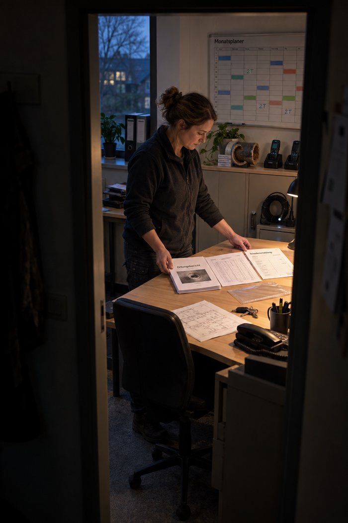 Blick durch die offene Bürotür eines Ortungsbetriebs am Abend: Eine Mitarbeiterin legt am Schreibtisch Ortungsbericht, Messprotokoll und den Vordruck eines Auftraggebers nebeneinander, dahinter ein Monatsplaner mit Zweitterminen