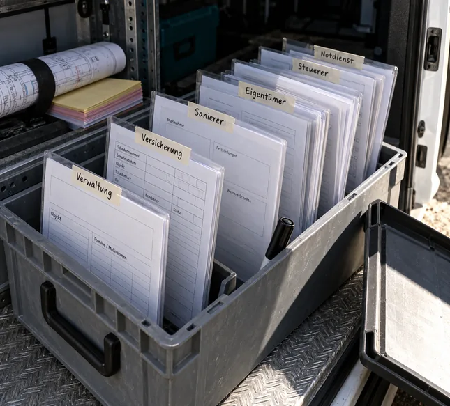 Graue Dokumentenkiste im Laderaum eines Ortungsfahrzeugs mit sechs Klarsichthüllen für Verwaltung, Versicherung, Sanierer, Eigentümer, Steuerer und Notdienst, jede mit einem anders aufgebauten Berichtsvordruck