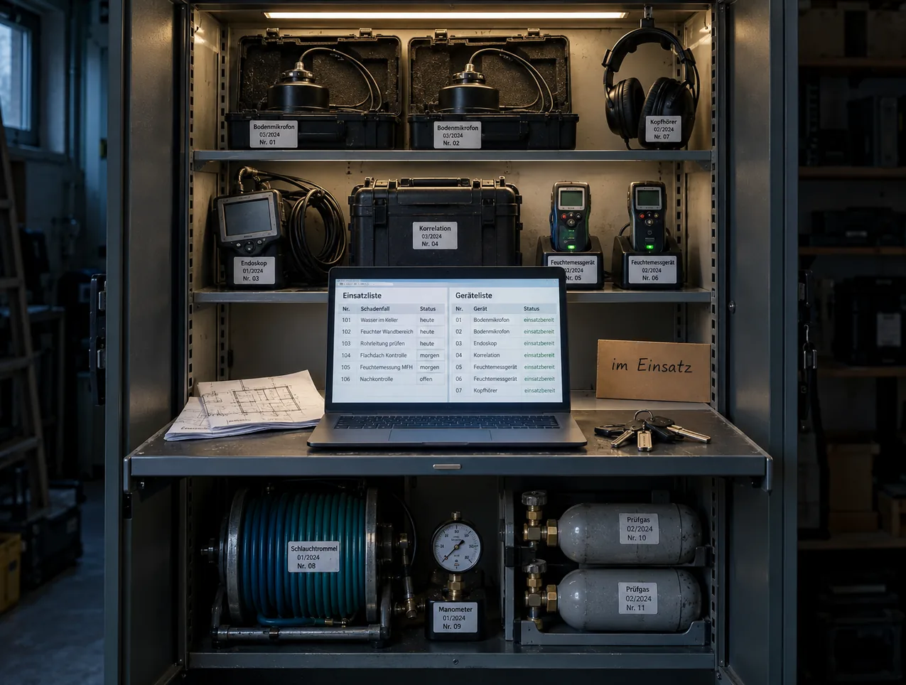 Geöffneter Geräteschrank eines Ortungsbetriebs mit etikettierten Bodenmikrofonen, Endoskop, Korrelator, Feuchtemessgeräten in Ladeschalen und Prüfgasflaschen, auf der Ablage ein Notebook mit Einsatzliste und Geräteliste