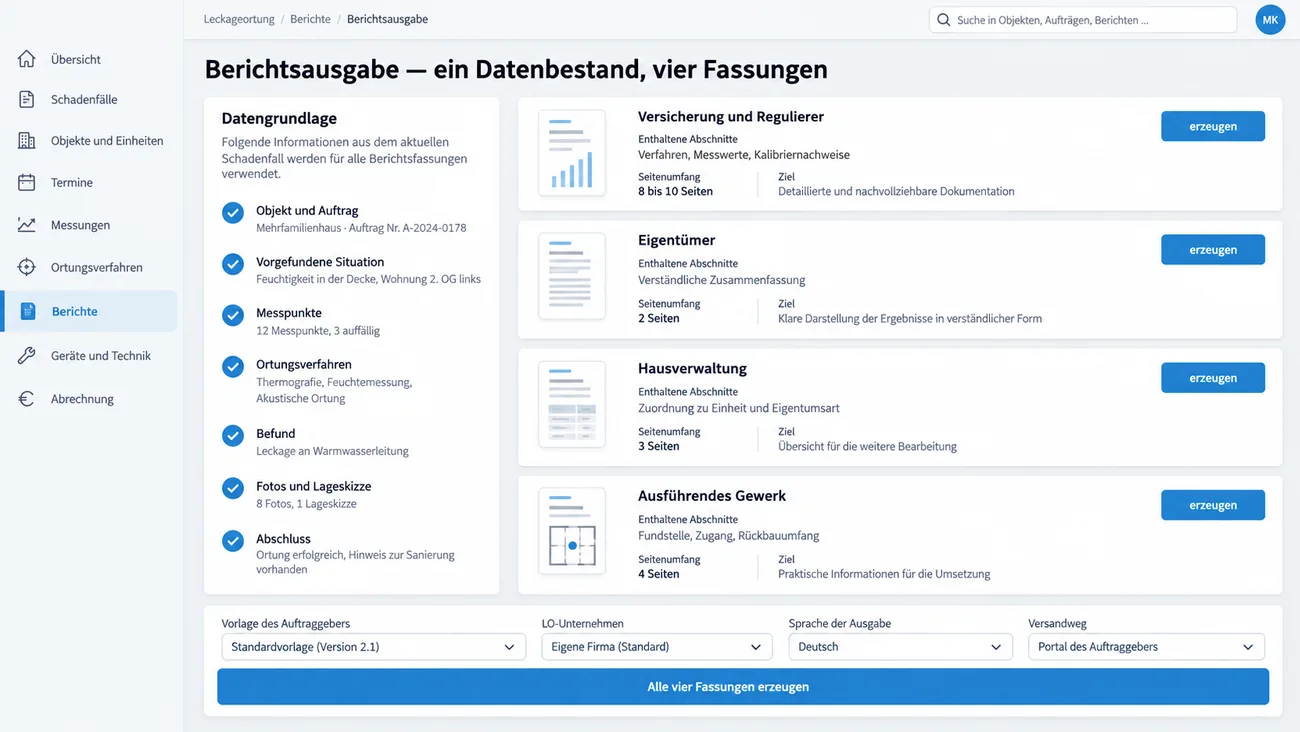 Maske: Berichtsausgabe mit abgehakter Datengrundlage und vier Empfängerkarten für Versicherung, Eigentümer, Hausverwaltung und ausführendes Gewerk, darunter Vorlage des Auftraggebers, Feld für das Ortungsunternehmen und Versandweg