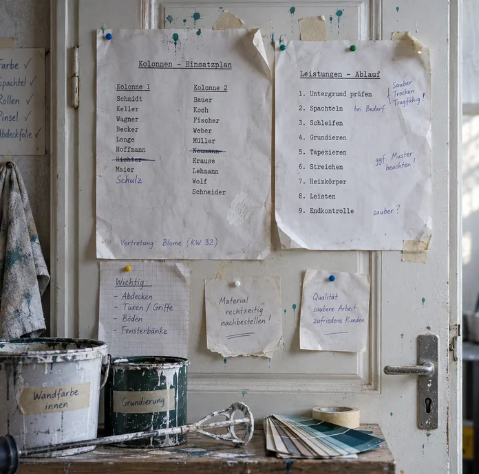 Innenseite der Mischraumtür eines Malerbetriebs mit angehefteten, handschriftlich ergänzten Listen zu Kolonnen und Leistungsablauf von Untergrund prüfen bis Endkontrolle, darunter angebrochene Gebinde, Rührquirl und Farbtonfächer