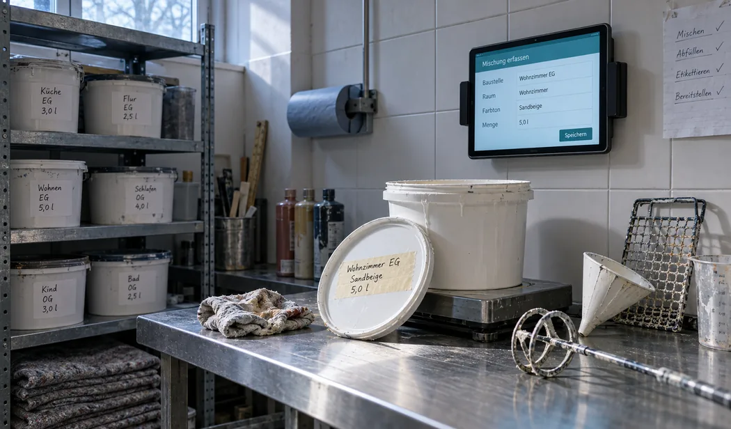 Mischraum eines Malerbetriebs am Morgen: Auf der Waage steht ein frisch angemischtes Gebinde, dessen Deckeletikett Baustelle, Farbton und Menge nennt, und dieselben Angaben stehen im Tablet an der gefliesten Wand