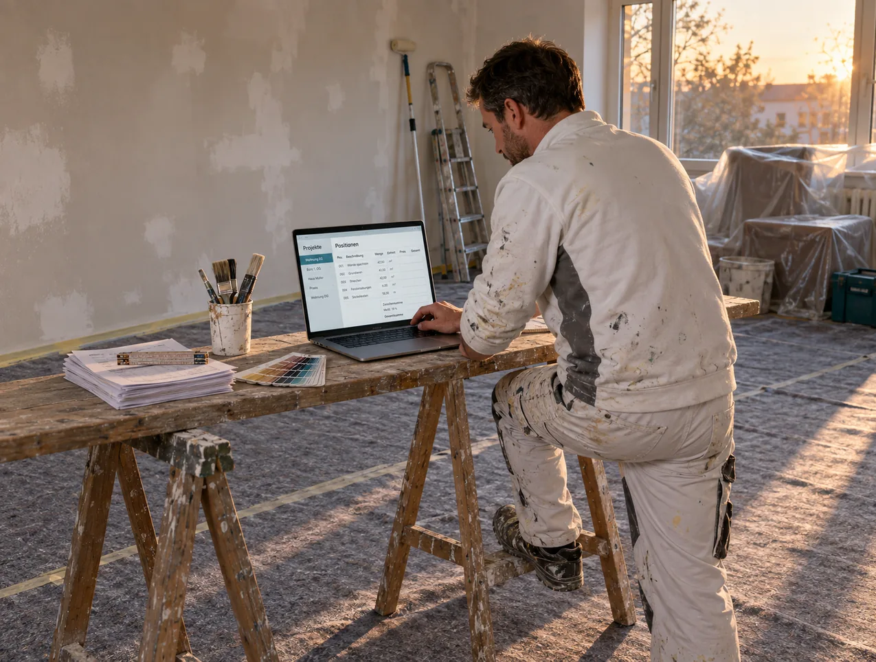 Malermeister in weißer Arbeitskleidung arbeitet im leergeräumten, frisch gespachtelten Zimmer am Laptop auf einer Bohle über zwei Malerböcken, auf dem Bildschirm Projekte und Positionen, daneben Vordrucke und Farbtonfächer