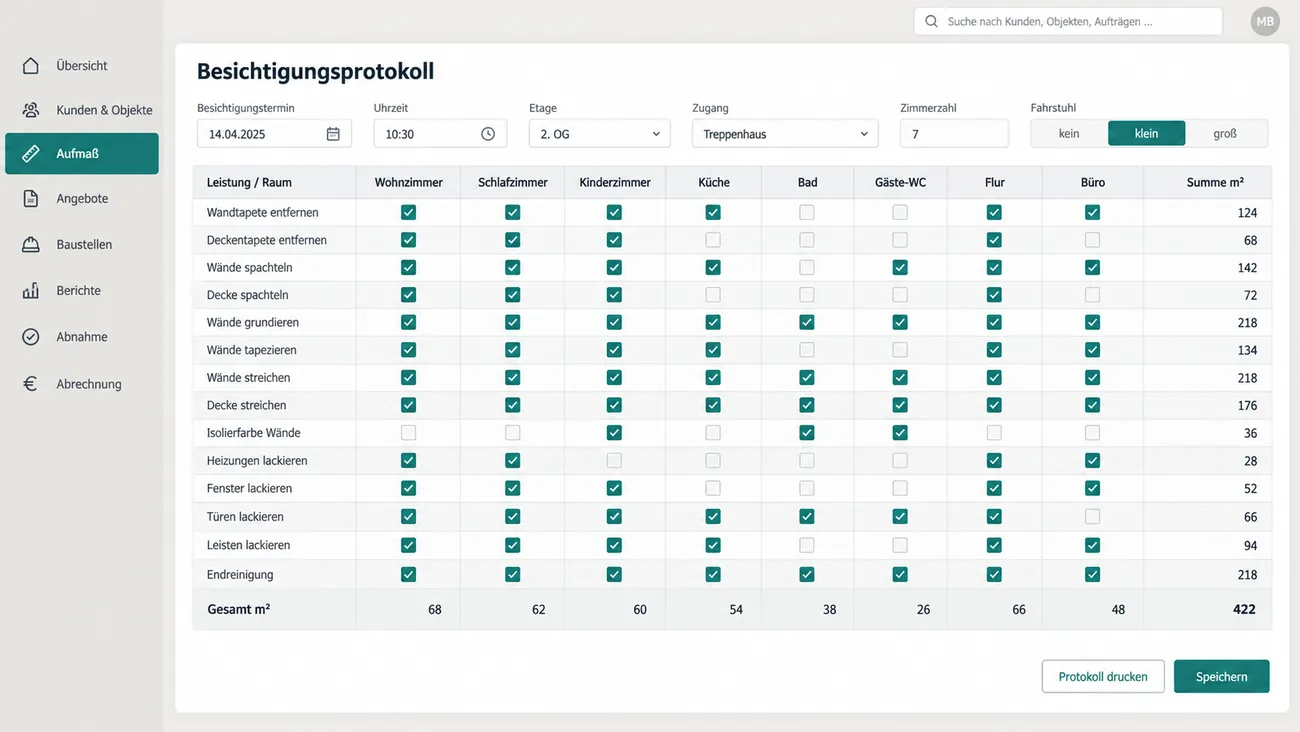 Maske: Besichtigungsprotokoll mit Termin, Etage, Zugang und Fahrstuhl, darunter die Matrix aus Leistungen wie Tapete entfernen, Spachteln, Streichen und Lackieren je Raum mit Quadratmetersummen