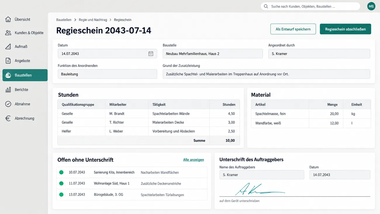 Maske: Regieschein mit Anordnendem und Grund der Zusatzleistung, Stunden nach Qualifikationsgruppe und Material, der Unterschrift des Auftraggebers auf dem Gerät und der Liste offener Regiescheine ohne Unterschrift