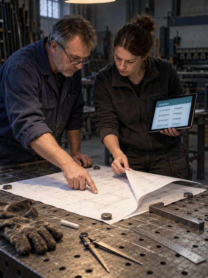 An der Richtplatte einer Schlosserei: Ein Metallbauer mit Brille zeigt auf eine bemaßte Stelle der Werkstattzeichnung, eine Kollegin hebt das Blatt an, um die Fassung darunter zu vergleichen, auf ihrem Tablet die Freigabestände