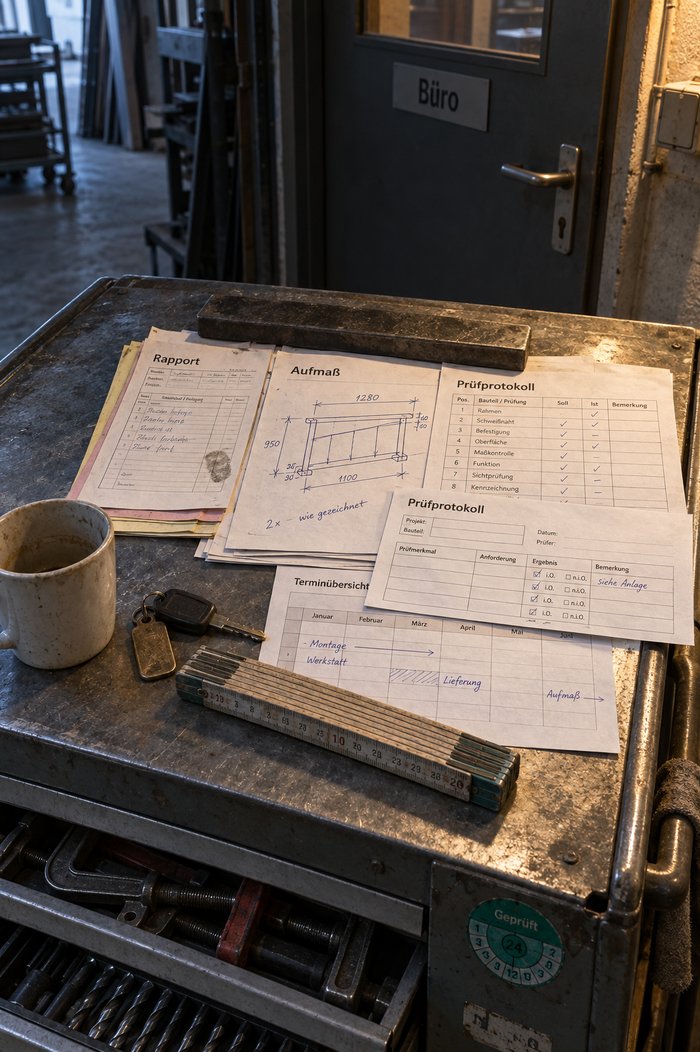 Werkstattwagen vor der Bürotür: Rapportzettel mit Durchschlag, Aufmaßblatt mit Skizze, zwei unterschiedlich aufgebaute Prüfprotokolle und eine Terminübersicht liegen zum Mitnehmen bereit, daneben Kaffeetasse, Fahrzeugschlüssel und Zollstock