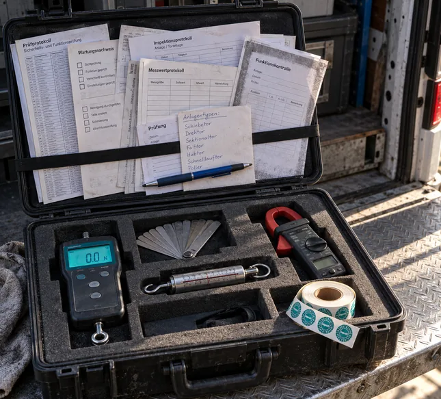 Aufgeklappter Prüfkoffer auf der Ladekante eines Transporters: im Deckel mehrere unterschiedlich aufgebaute Prüf- und Wartungsprotokolle und ein Zettel mit Anlagentypen, im Schaumstoff Kraftmessgerät, Fühlerlehren, Federwaage, Zangenamperemeter und Prüfplaketten