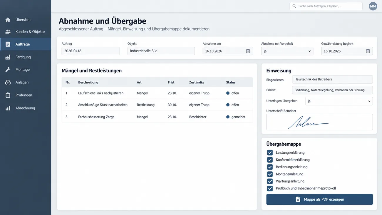 Maske: Abnahme und Übergabe mit Vorbehalt und Gewährleistungsbeginn, der Liste der Mängel und Restleistungen mit Frist, der unterschriebenen Einweisung und der Checkliste der Übergabemappe bis zum Prüfbuch