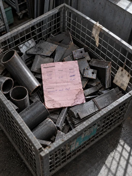 Gitterbox in einer Schlosserei: Rohrabschnitte, Blechverschnitt und Zuschnittreste mit Kreidezahlen, obenauf der rosa Durchschlag eines Rapportzettels mit handschriftlicher Zusatzleistung und leerem Unterschriftsfeld