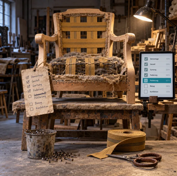 Polsterbock in der Werkstatt: ein abgezogenes Sesselgestell mit Gurtung und freiliegenden Federn, an der Armlehne ein handbeschriebener Laufzettel von Demontage bis Konfektion, daneben in einer Klemme ein Tablet mit denselben Schritten und Stunden