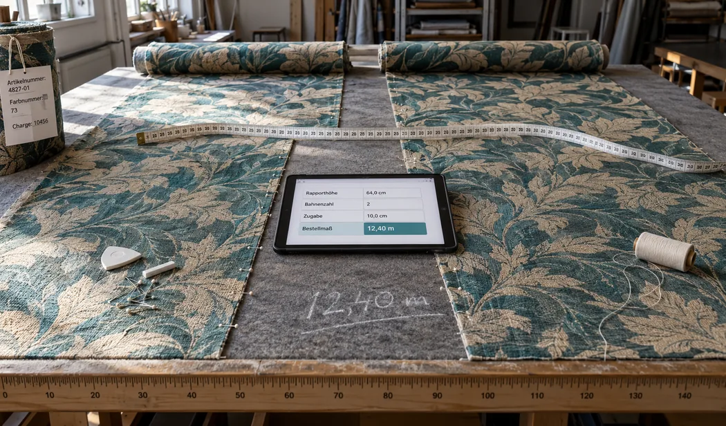 Zuschnitttisch einer Näherei: zwei Bahnen desselben gemusterten Dekostoffs, dazwischen ein Tablet mit Rapporthöhe, Bahnenzahl, Zugabe und Bestellmaß, darunter dasselbe Bestellmaß mit Kreide auf dem Filz, am Rand ein Stoffballen mit Etikett
