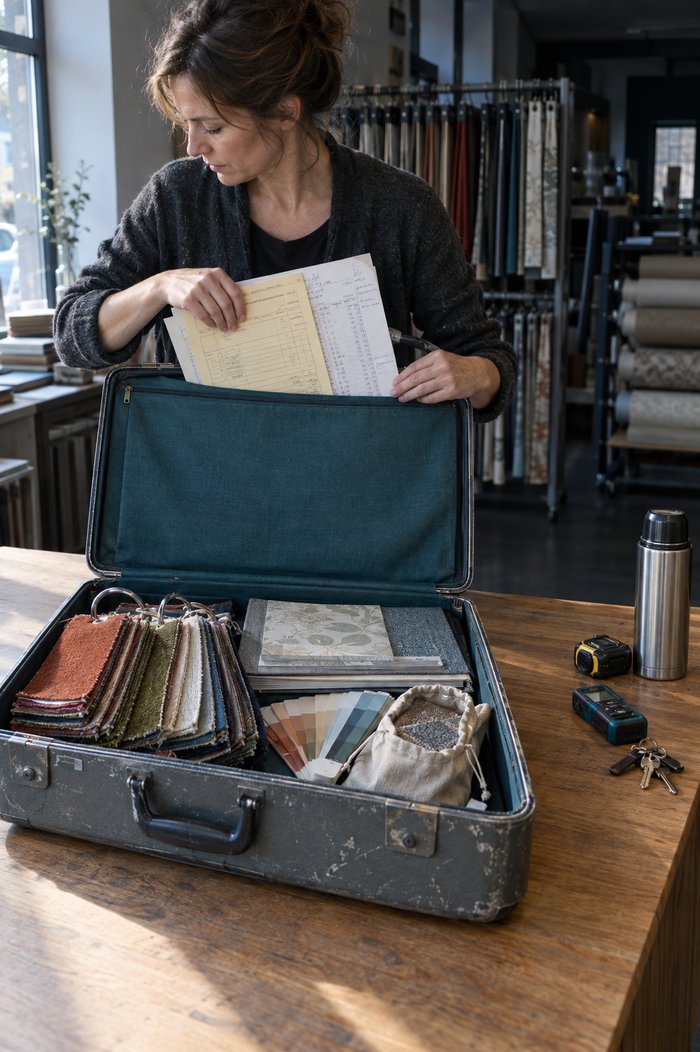 Tresen eines Raumausstatter-Ladenstudios am Morgen: Eine Raumausstatterin schiebt Aufmaßblatt und Zuschlagsliste in die Deckeltasche des offenen Musterkoffers mit Stoffmusterkarten, Tapetenheften und Farbfächer, daneben Laserentfernungsmesser, Bandmaß, Schlüssel und Thermoskanne