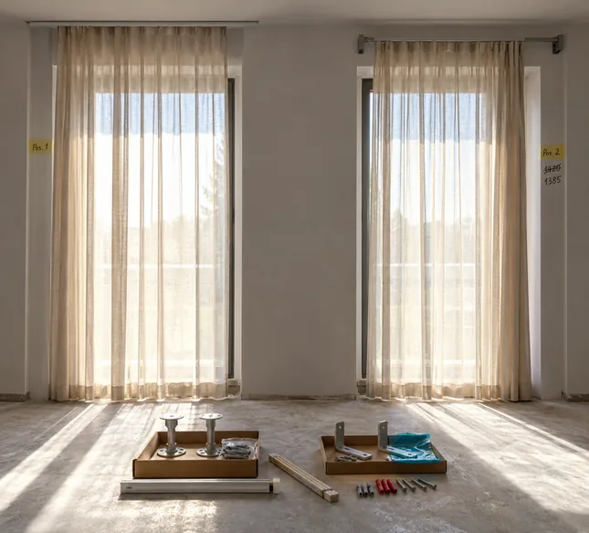 Zwei baugleiche Fensterachsen in einem Objekt kurz vor der Fertigstellung: links hängt der Vorhang an einer Deckenschiene, rechts an einer Wandstange mit korrigiertem Maß auf dem Kreppband, am Boden zwei verschiedene Befestigungssätze