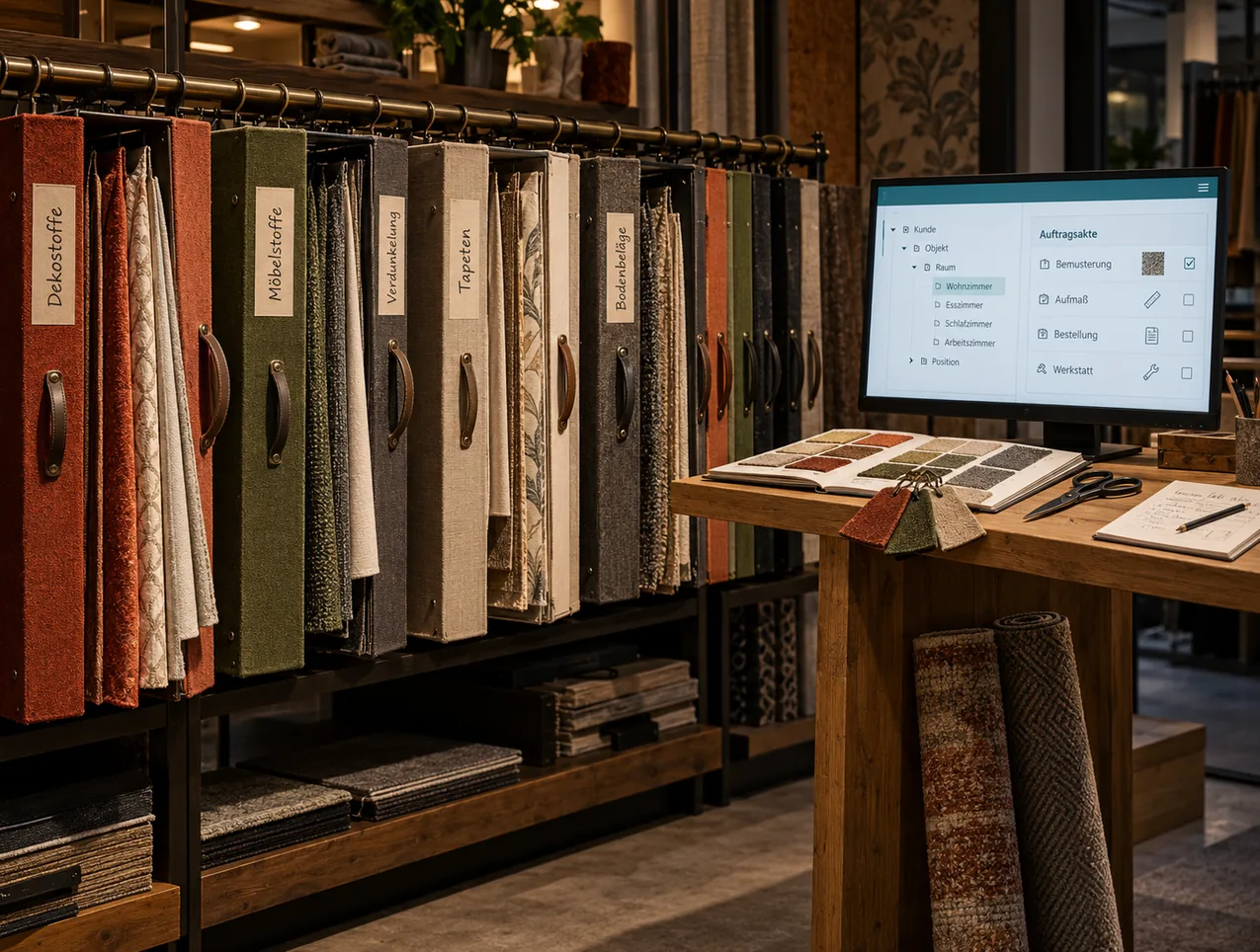 Musterwand eines Raumausstatter-Studios am Abend: an der Stange hängende Kollektionsmappen für Dekostoffe, Möbelstoffe, Verdunkelung, Tapeten und Bodenbeläge, daneben am Stehpult ein Bildschirm mit der Auftragsakte nach Kunde, Objekt, Raum und Position