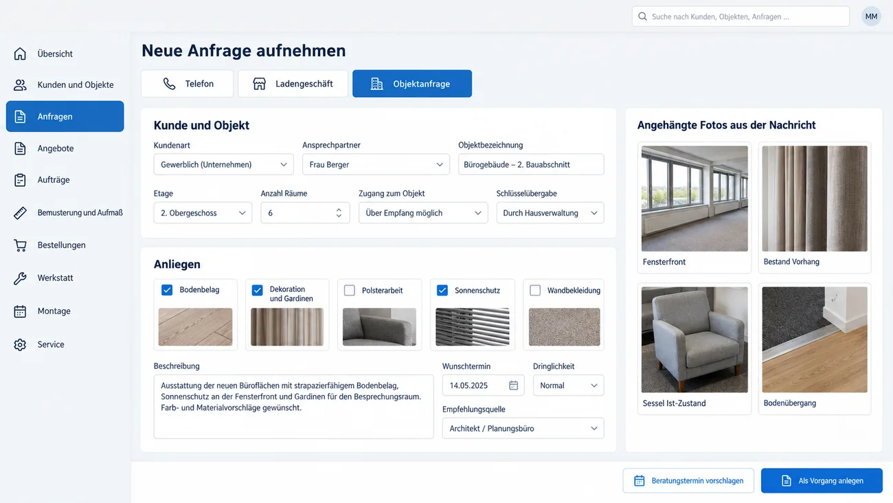 Maske: Anfrageaufnahme mit der Wahl zwischen Telefon, Ladengeschäft und Objektanfrage, den Angaben zu Kunde, Objekt und Zugang, den angehakten Anliegen, Wunschtermin und den angehängten Fotos aus der Nachricht