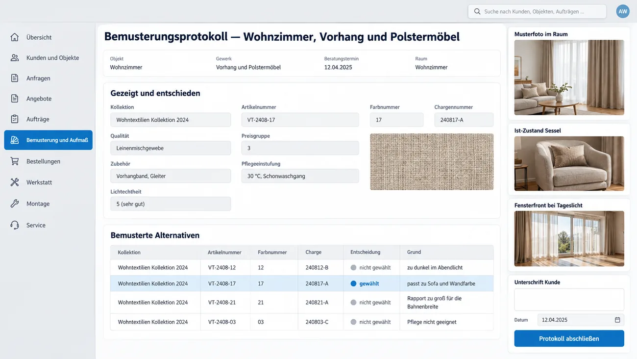 Maske: Bemusterungsprotokoll mit Kollektion, Artikel-, Farb- und Chargennummer, Qualität und Pflegeeinstufung, der Tabelle der bemusterten Alternativen mit Entscheidung und Grund, Musterfotos im Raum und dem Unterschriftsfeld des Kunden