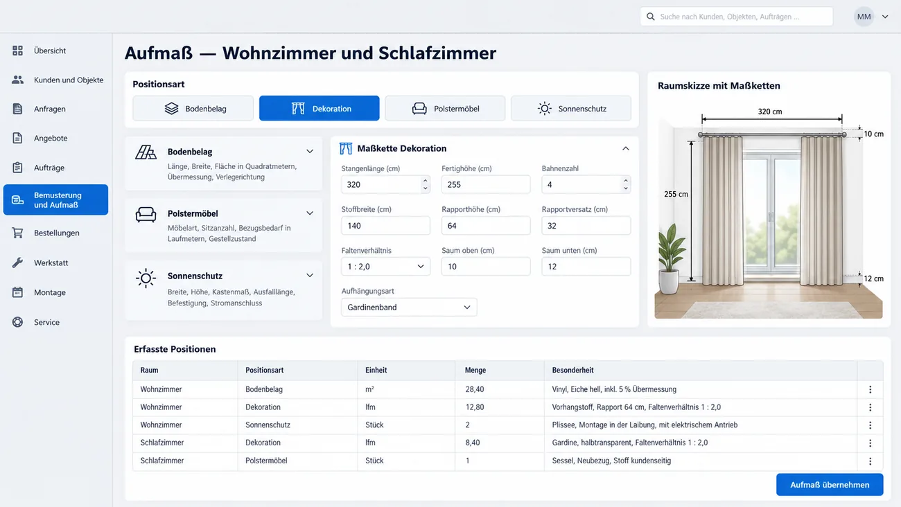 Maske: Aufmaß mit den Positionsarten Bodenbelag, Dekoration, Polstermöbel und Sonnenschutz, der aufgeklappten Maßkette Dekoration mit Rapporthöhe und Faltenverhältnis, einer Raumskizze und den erfassten Positionen in gemischten Einheiten