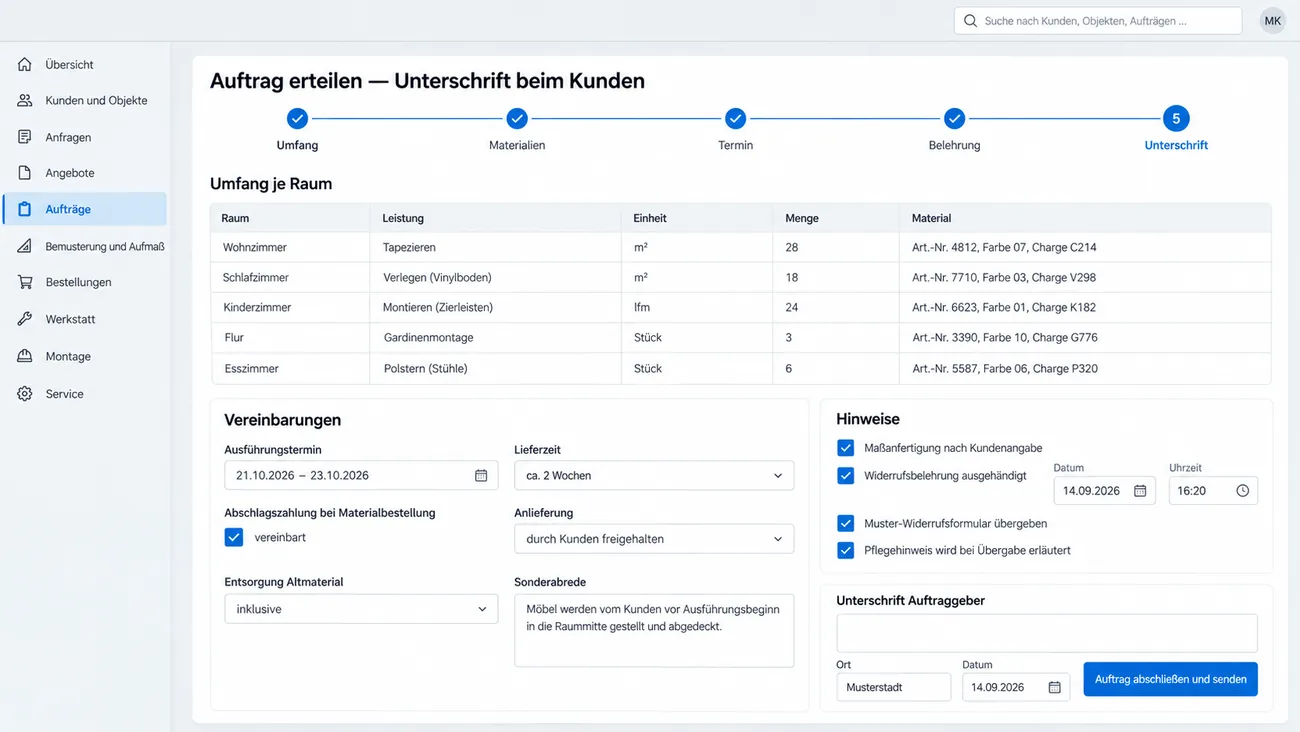 Maske: Auftragserteilung beim Kunden in fünf Schritten mit Umfang je Raum samt Artikel-, Farb- und Chargennummer, Vereinbarungen zu Termin und Abschlagszahlung, angehakten Hinweisen zu Maßanfertigung und Widerruf und dem Unterschriftsfeld