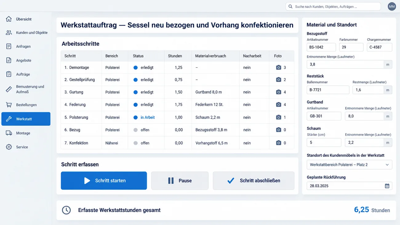 Maske: Werkstattauftrag mit den sieben Arbeitsschritten von Demontage bis Konfektion, je Schritt Status, Stunden, Materialverbrauch und Fotos, großen Schaltflächen zum Starten und Abschließen und der Summe der erfassten Werkstattstunden