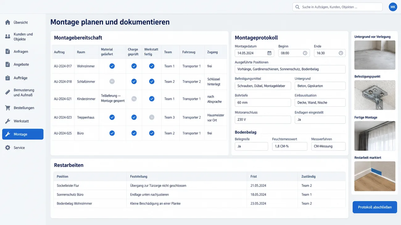 Maske: geteilte Ansicht aus Montagebereitschaft mit Material, Charge, Werkstatt, Team und Zugang je Auftrag, einer wegen Teillieferung gesperrten Montage, dem Montageprotokoll mit Befestigung und Untergrund sowie der Liste der Restarbeiten