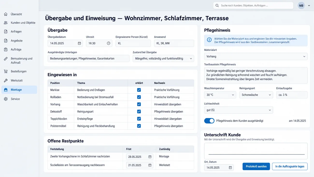 Maske: Übergabeprotokoll mit Datum und eingewiesener Person, der Tabelle der Einweisungen von Markise bis Polstermöbel, dem Pflegehinweis aus Textbausteinen mit Waschtemperatur und Reinigungsart, offenen Restpunkten und dem Unterschriftsfeld des Kunden