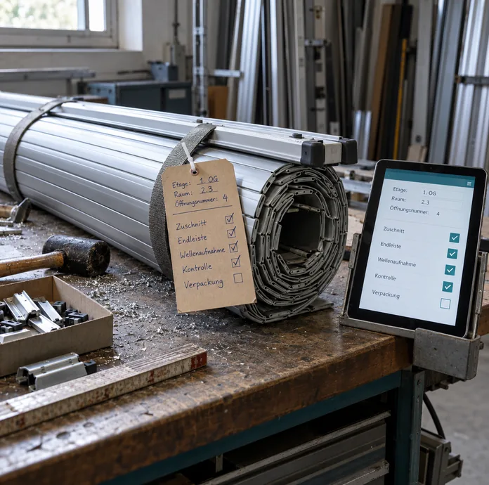 Konfektionsbank einer Rollladenwerkstatt mit einem fertig aufgerollten Aluminiumpanzer, an dessen Gurtband ein Laufzettel mit Etage, Raum und Öffnungsnummer hängt, daneben ein Tablet mit denselben fünf Arbeitsschritten, vier davon abgehakt