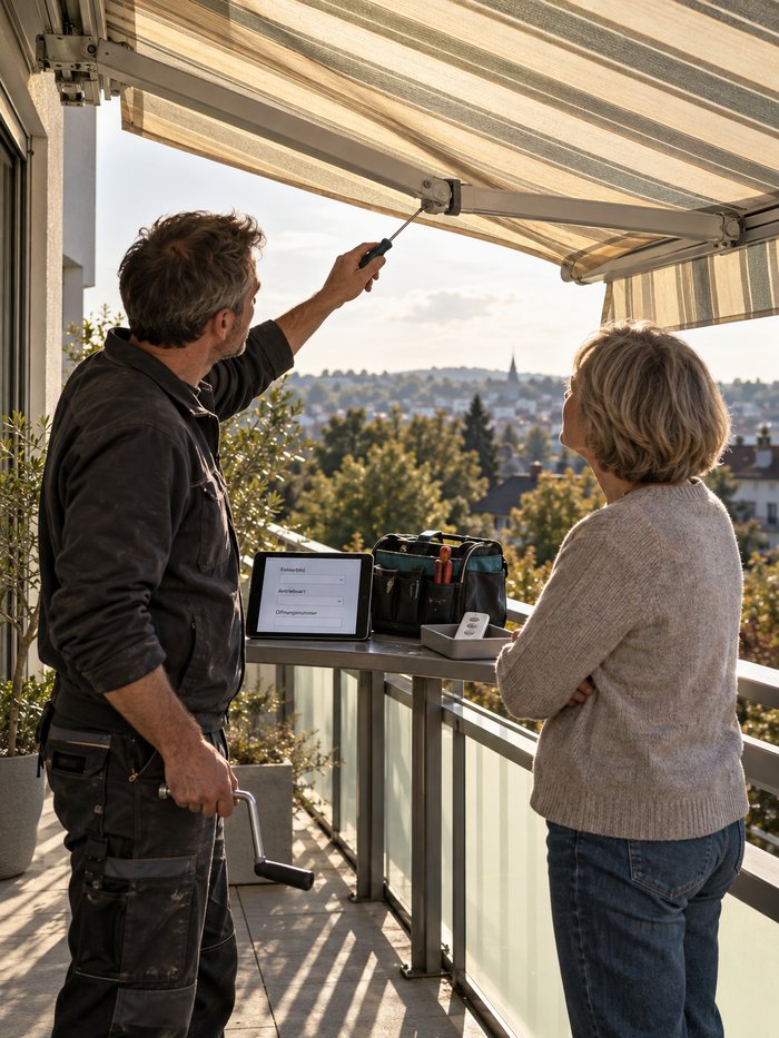 Servicetechniker mit Kurbelstange und Schraubendreher zeigt einer Bewohnerin auf dem Balkon die Verstellung am Gelenkarm ihrer ausgefahrenen Markise, auf der Brüstung ein Tablet mit der Fehleraufnahme und eine Werkzeugtasche