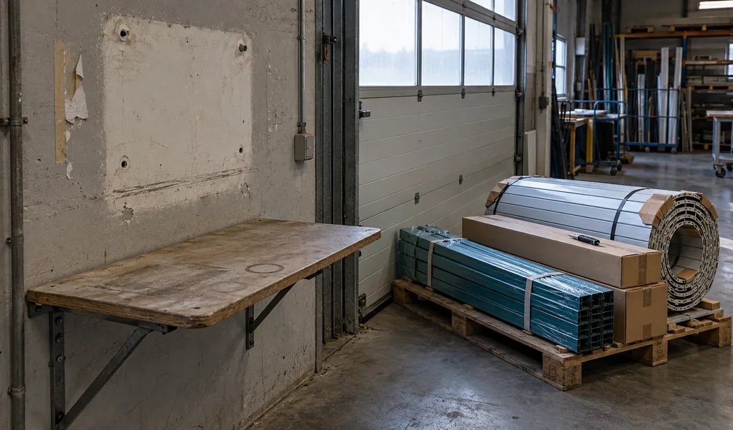 Wareneingang einer Rollladenwerkstatt: an der Wand neben dem Sektionaltor ein heller Fleck mit Dübellöchern, wo früher ein Zettelfach hing, darunter ein leerer Klapptisch, rechts eine Palette mit Führungsschienen, Kartons und Panzerrolle