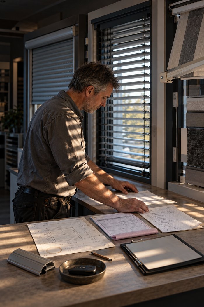 Inhaber eines Rollladenbetriebs legt am Morgen im Ausstellungsraum Aufmaßblatt, Servicebericht und die Liste seiner Wartungsobjekte nebeneinander, hinter ihm Musterfenster mit Rollladen und Raffstore, durch dessen Lamellen Licht in Streifen fällt