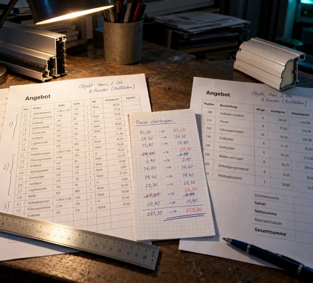 Schreibtisch am Abend unter der Arbeitsleuchte: zwei Angebotsausdrucke desselben Rollladenauftrags in unterschiedlichem Aufbau, dazwischen ein Notizzettel, auf dem Preise von einem Blatt ins andere übertragen und korrigiert wurden