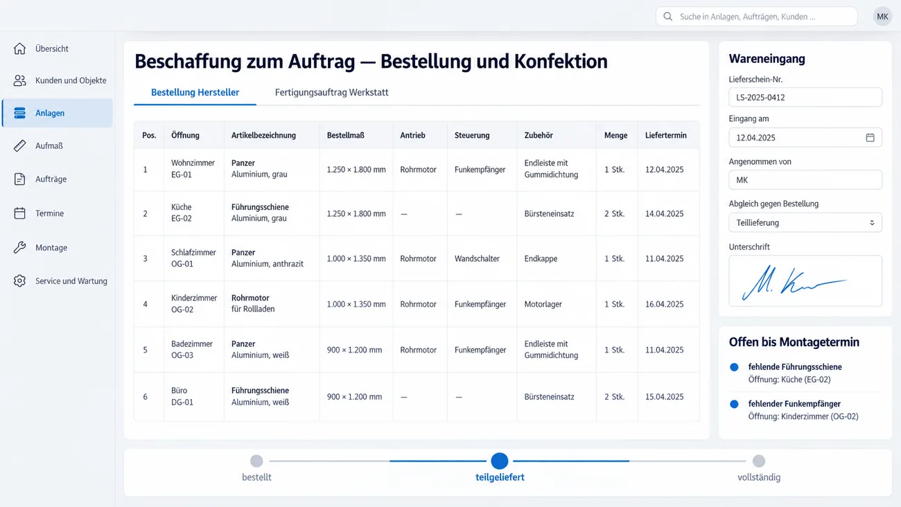 Maske: Beschaffung zum Auftrag mit der Herstellerbestellung je Öffnung samt Bestellmaß, Antrieb, Steuerung und Liefertermin, dem Wareneingang mit Lieferscheinabgleich und Unterschrift und der Liste der Fehlteile bis zum Montagetermin
