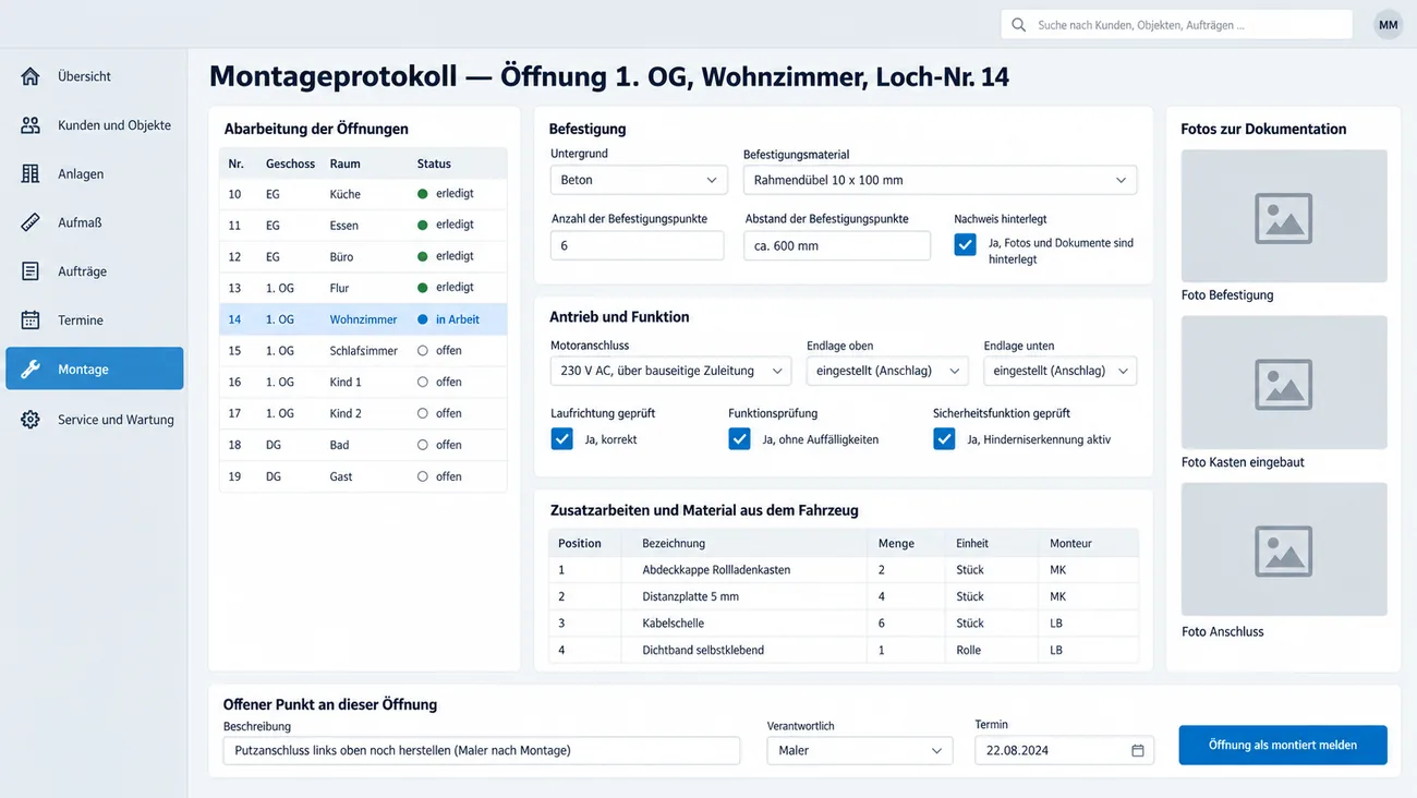 Maske: Montageprotokoll einer Öffnung mit der Abarbeitungsliste aller Öffnungen, Angaben zu Befestigung, Motoranschluss und Endlagen, Funktionsprüfungen zum Abhaken, Zusatzmaterial aus dem Fahrzeug, drei Fotoplätzen und dem offenen Punkt