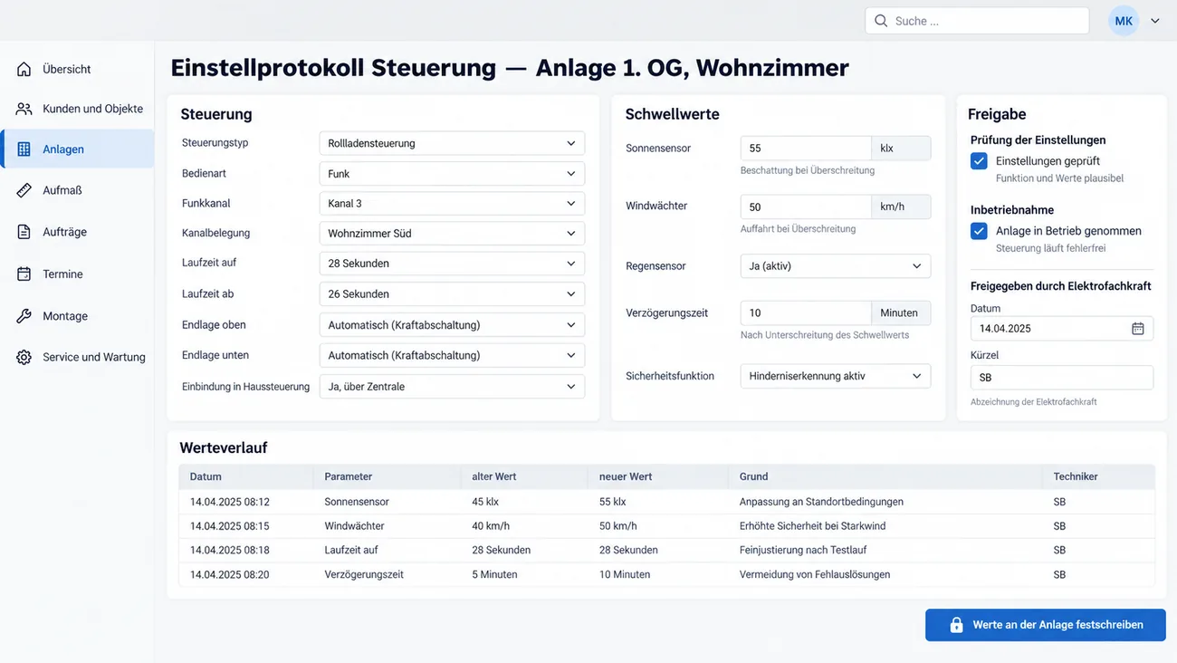 Maske: Einstellprotokoll der Steuerung einer Anlage mit Funkkanal, Laufzeiten und Endlagen, den Schwellwerten für Sonne, Wind und Regen, dem Werteverlauf mit altem und neuem Wert und der Freigabe durch die Elektrofachkraft