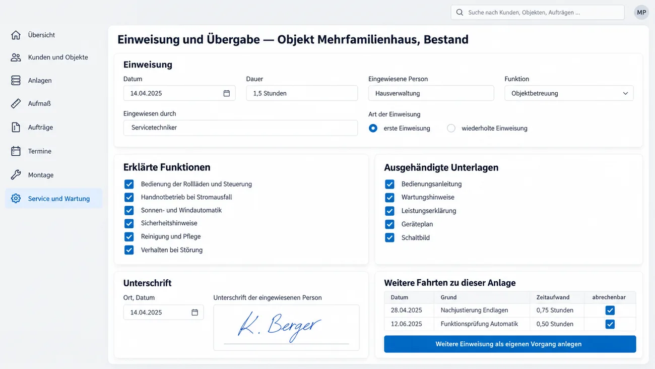 Maske: Einweisung und Übergabe mit eingewiesener Person, Art der Einweisung, abgehakten erklärten Funktionen und ausgehändigten Unterlagen, Unterschrift auf dem Gerät und der Liste weiterer abrechenbarer Fahrten zu dieser Anlage