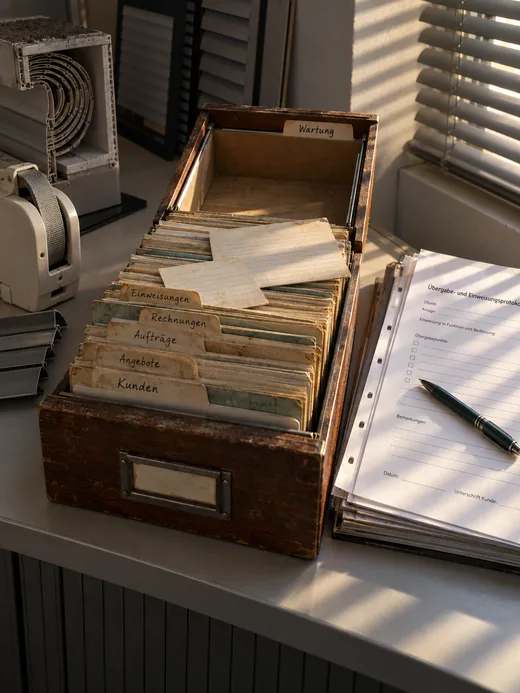 Aufgeklappter Karteikasten im Büro eines Rollladenbetriebs mit abgegriffenen Reitern für Kunden, Angebote und Aufträge, dahinter das leere Fach Wartung, daneben ein Stapel Übergabeprotokolle mit leerer Unterschriftzeile